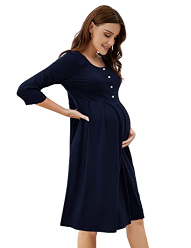 KOJOOIN Damen Umstandskleid Baumwolle Stillkleid Casual Schwangerschafts Kleider für Schwangere Dunkelblau(3/4 Ärmel) XXL von KOJOOIN