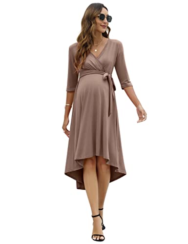 KOJOOIN Damen Umstandskleid Festlich Stillkleid V-Ausschnitt 3/4 Ärmel Schwangerschaftskleid mit Taillengürtel Khaki(3/4 Ärmel) M von KOJOOIN