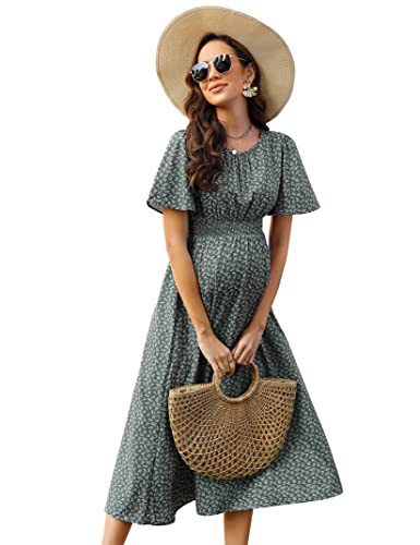 KOJOOIN Damen Umstandskleid Kurzarm Schwangerschafts Bedrucktes Kleid mit Rundhalsausschnitt und Rüschen Grün XXL von KOJOOIN