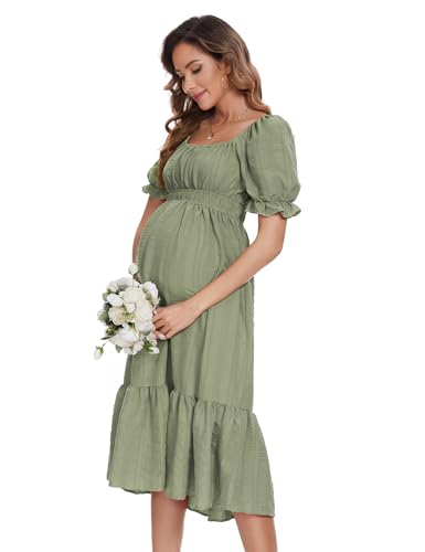 KOJOOIN Damen Umstandskleid Kurzarm Schwangerschaftskleid Midi Hohe Taille Stillkleid Mit Rüschen Armeegrün(Kurzarm) L von KOJOOIN