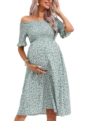 KOJOOIN Damen Umstandskleid Kurzarm Sommer Midi Kleid Schulterfrei Gesmokt Frühling Casual Boho Kleid Babyparty Fotoshooting, Grünes Blumenmuster, X-Groß von KOJOOIN