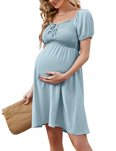 KOJOOIN Damen Umstandskleid Schwangerschafts Kleid aus Chiffon mit Kordelzug und Eckigem Ausschnitt Grün XL von KOJOOIN