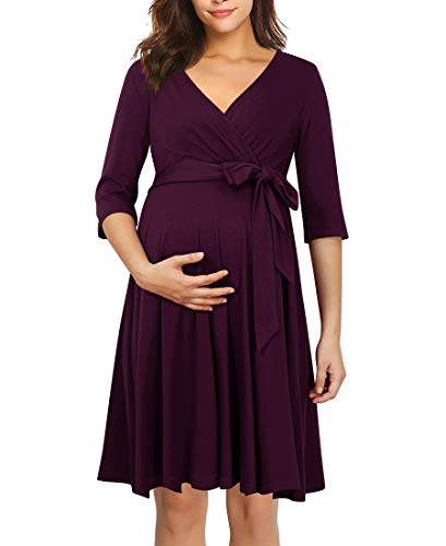 KOJOOIN Damen Umstandskleid Schwangerschafts Kleid für Schwangere Stillkleid V-Ausschnitt Langarm mit Taillengürtel（Verpackung MEHRWEG） Burgundy S von KOJOOIN