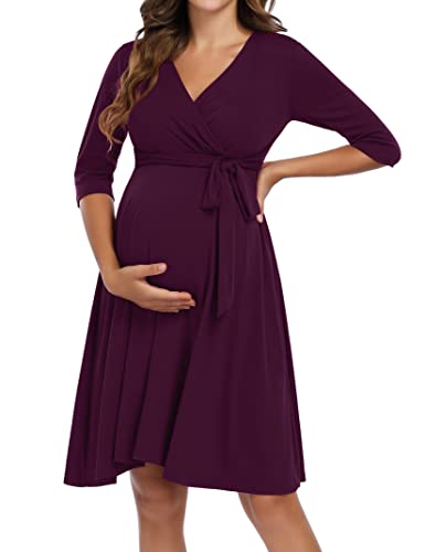KOJOOIN Damen Umstandskleid Schwangerschafts Kleid für Schwangere Stillkleid V-Ausschnitt Langarm mit Taillengürtel Dunkelrot L von KOJOOIN