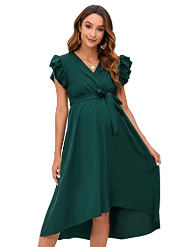 KOJOOIN Damen Umstandskleid V-Ausschnitt 3/4 Ärmel Wickelkleid Casual Hi-Low Midi Tie Stillkleid mit Gürtel, Dunkelgrün-kurz, Mittel von KOJOOIN