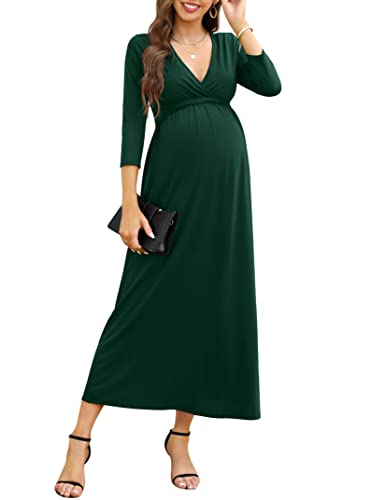 KOJOOIN Damen Umstandskleid V-Ausschnitt Langes Stillkleid 3/4 Ärmel Casual Falten Schwangerschaftskleid Dunkelgrün(3/4 Ärmel) XXL von KOJOOIN