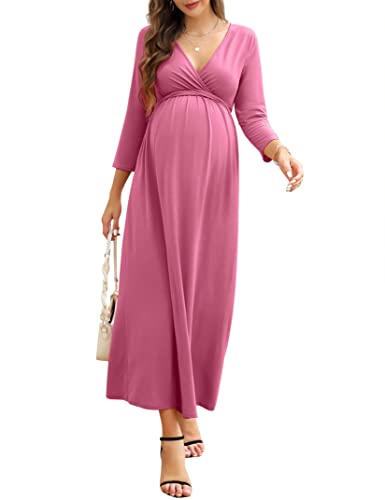 KOJOOIN Damen Umstandskleid V-Ausschnitt Langes Stillkleid 3/4 Ärmel Casual Falten Schwangerschaftskleid Rosa(3/4 Ärmel) XL von KOJOOIN