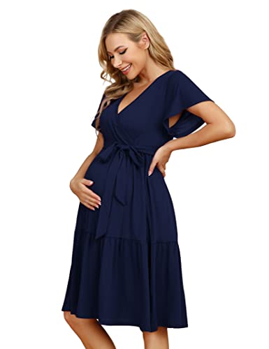 KOJOOIN Damen Umstandskleid V-Ausschnitt Stillkleid Casual Schwangerschafts Kleider mit Rüsche Dunkelblau1(Kurzarm) M von KOJOOIN