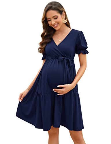 KOJOOIN Damen Umstandskleid V-Ausschnitt Stillkleid Elegant Puff Ärmel Schwangerschafts Kleider mit Rüsche Dunkelblau(Kurzarm) M von KOJOOIN