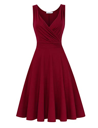 KOJOOIN Damen Kleider Vintage V-Ausschnitt Cocktailkleid Ärmellos Knielang Retro Faltenrock Weinrot XXL von KOJOOIN