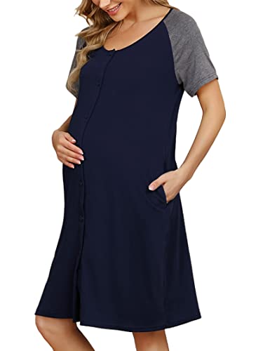 KOJOOIN Nachthemd Damen Geburt Stillnachthemd Kurzarm Nachtwäsche Baumwolle Umstandsnachthemd mit Durchgehender Knopfleiste DunKelblau B(Kurzarm) M von KOJOOIN