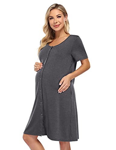 KOJOOIN Nachthemd Damen Geburt Stillnachthemd Kurzarm Schlafanzug Schwangerschaft Pyjama Nachtwäsche mit Durchgehender Knopfleiste Dunkelgrau XXL von KOJOOIN