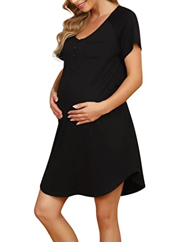 KOJOOIN Nachthemd Damen Stillnachthemd mit Knopfleiste Geburt Nachtwäsche Baumwolle Schlafanzug für Schwangere Schwarz(Kurzarm) M von KOJOOIN