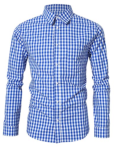 KOJOOIN Trachtenhemd Slim Fit Herren Kariert Hemd Freizeithemd Langarmhemd Hemd Bestickt Baumwolle, für Oktoberfest, Karneval, Business, Freizeit Blau-Upgrade M von KOJOOIN