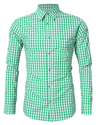 KOJOOIN Trachtenhemd Slim Fit Herren Kariert Hemd Freizeithemd Langarmhemd Hemd Bestickt Baumwolle, für Oktoberfest, Karneval, Business, Freizeit Grün-Upgrade L von KOJOOIN