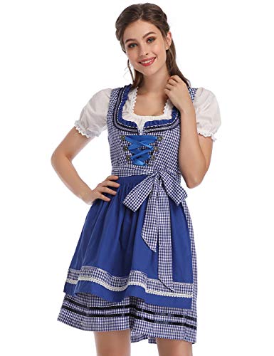 KOJOOIN Trachtenkleid Damen Dirndl - Midi Trachtenkleid kleid für Oktoberfest - Drei Teilig: Kleid, Bluse, Schürze Königsblau 36/M von KOJOOIN