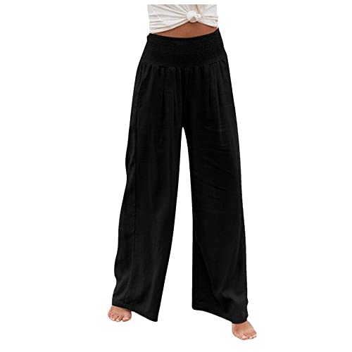 KONG JIMFAN Hose Damen Leinenhose Damen Sommer Grün Hosenanzug Damen Sportlich Lässig Schwarze Weite Hose Damen Hose Damen Elegant Große Größen Klamotten 7/8 Hose Damen Sommer(Schwarz,L) von KONG JIMFAN