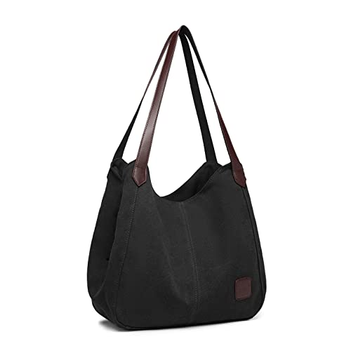 KONO Damen Canvas Schultertasche Vintage Hobo Handtasche Umhängentasche Shopper Tasche für Arbeit Schule Reise (Schwarz) von KONO