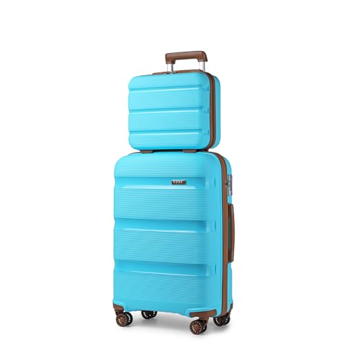 KONO Reisekoffer Handgepäck Koffer Trolley mit Kosmetikkoffer Beautycase Gepäck-Sets, Kleiner Koffer mit Rollen and TSA Schloss (Handgepäck mit Kosmetikkoffer, Blau/Braun) von KONO