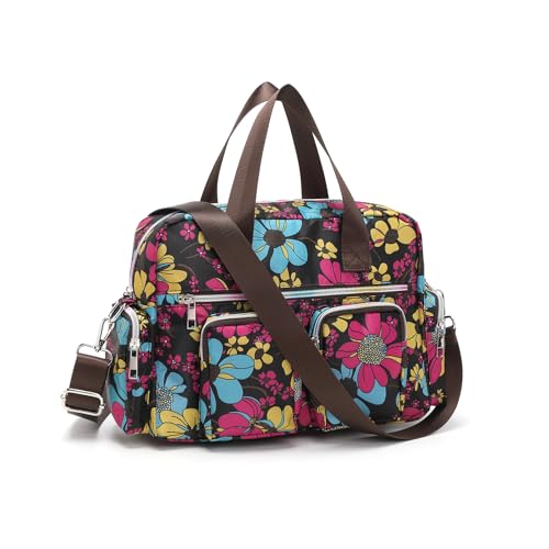 KONO leichte Damen Handtasche mit Blumenmuster, Wasserdichte Henkeltasche, Groß Umhängetasche für Frauen, Multifunktionale Schultertasche für Arbeit, Shopper, Reisen (Schwarz) von KONO