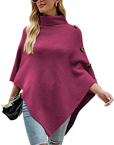 KOOSUFA Damen Strickponcho Rollkragen Gestrickter Poncho mit Dekorativen Knöpfen Strick Pullover Poncho Cape Einheitsgröße Rose von KOOSUFA