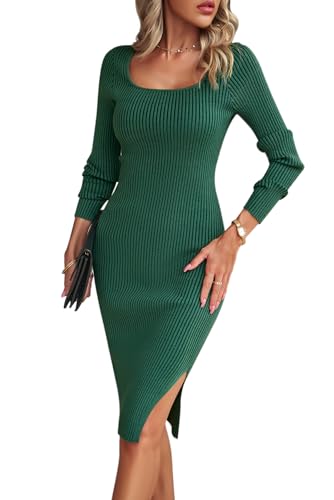 KOOSUFA Strickkleid Damen mit Schlitz Langarm Rippenstrick U Ausschnitt Bodycon Figurbetontes Kleid Wickelkleid Herbst Winter Midikleid Grün, L von KOOSUFA