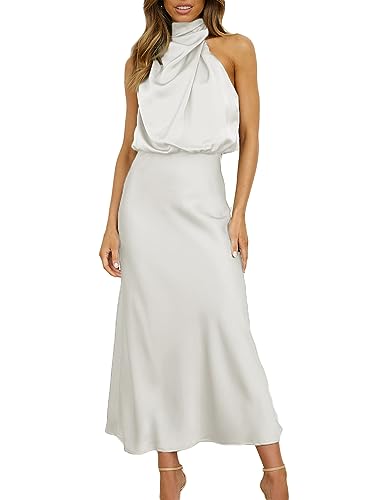 2023 Frauen Satin Hoher Hals Ausschnitt Maxi Kleid für Hochzeit Gast Seide Empire Taille Asymmetrische Ärmellos Formale Midi Kleid, Champagner, Mittel von KOUNAI