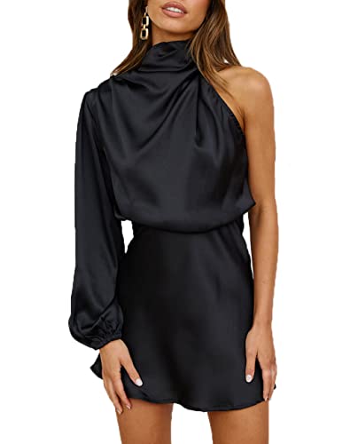 Damen Satin Langarm One Shoulder Minikleid Seide Einarm Rollkragen Ausschnitt Cocktail Kurzes Kleid für Frauen, Schwarz, Groß von KOUNAI