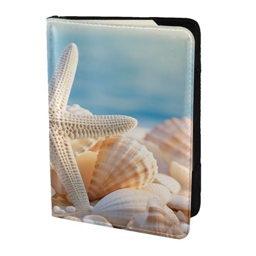 Reisepasshülle aus Leder mit Muschelmotiv und Seesternmuster, für Damen und Herren, Schwarz, Einheitsgröße Reisepasshülle aus Leder mit Muschelmotiv und Seesternmuster, für Damen und Herren, Schwarz, Einheitsgröße von KOUUIP