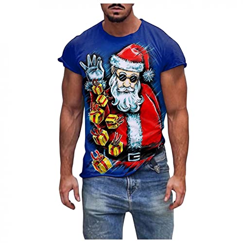 KOUYA 2022 Weihnachten Xma Weihnachts T-Shirt Herren &Damen Ugly Christmas Männer & Frauen Weihnachte Tshirt Motiv Geschenk Lustiges Rentier Weihnachtsmann Pajama Party O Neck T-Shirt, 5-marine, L von KOUYA