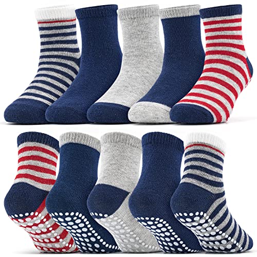 KOWAYI Kinder Stoppersocken Socken Baby 5-10 Pack Mädchen Jungen ABS Söckchen Antirutschsocken Bunt Neugeborene Socks Babysocken Blaue Streifen 10P 2-4T von KOWAYI