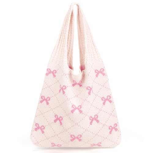 KPX Häkeltasche, Strand-Netz-Strick-Umhängetasche, große ästhetische Hobo-Tasche für Damen, Sommer, B-pink, Bow Style, B-Rosa KPX Häkeltasche, Strand-Netz-Strick-Umhängetasche, große ästhetische Hobo-Tasche für Damen, Sommer, B-pink, Bow Style, B-Rosa von KPX
