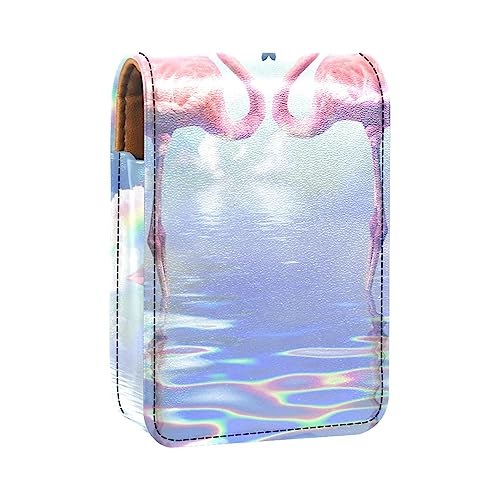 Damen-Make-up-Lippenstift-Etui aus PU-Leder, Lippenstift-Etui mit Spiegel, süßes tragbares Make-up-Reiseetui für Geldbörse, Lippenstift-Halter,Flamingo Regenbogen Seehimmel Wolke von KQNZT