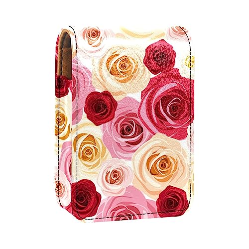 Damen-Make-up-Lippenstift-Etui aus PU-Leder, Lippenstift-Etui mit Spiegel, süßes tragbares Make-up-Reiseetui für Geldbörse, Lippenstift-Halter,Valentinsgruß Blumenrosa Champagne Rosen von KQNZT