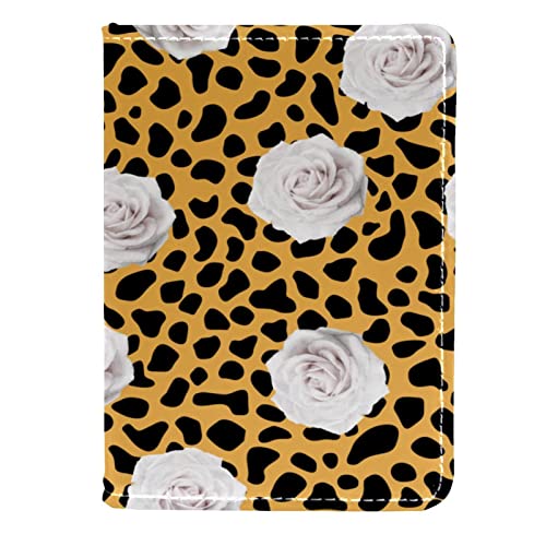 Impfpasshülle Kartenetui Lederschutzhülle Reisebrieftasche,Gelber Leopard Druck weiße Rosen Kunst Weinlese von KQNZT