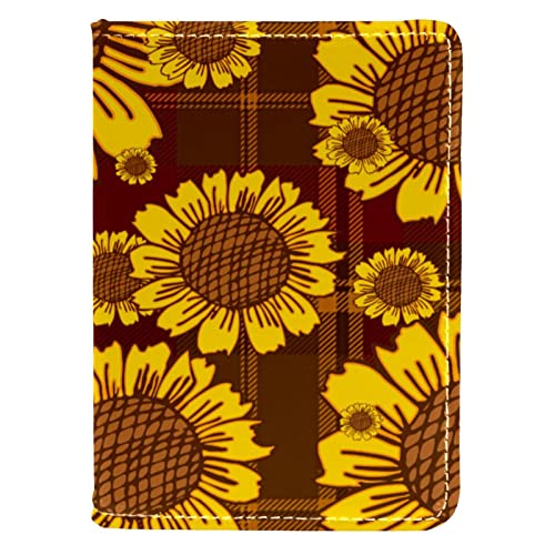 Impfpasshülle Kartenetui Lederschutzhülle Reisebrieftasche,Sonnenblumen Karikatur handgemaltes Kunst Brown Plaid von KQNZT