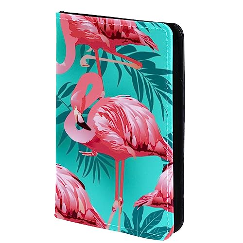 KQNZT Reisepasshülle, Brieftasche, PU-Leder, Kartenetui, Reisedokumenten-Organizer,Moderne Tropische Dschungel Palmenblätter des Flamingos von KQNZT