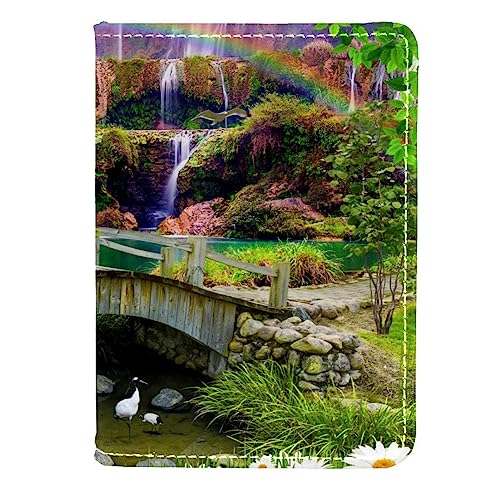 KQNZT Reisepasshülle Brieftasche PU-Leder Kartenetui Reisezubehör für Damen Herren,Wasserfall Brücken Regenbogen Blume von KQNZT