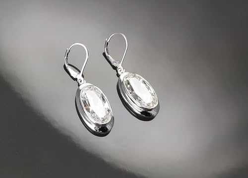 Clear Dangle Earrings, sterling silver jewelry, big cz stone, white diamond color, statement Oval Leverback Hook Earrings, women gift (Make your choice :: SET:Pendant+Earrings, Gift-Wrapping: Free) von KRAMIKE