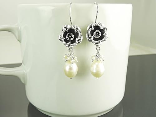 Roses earrings Pearl, Sterling Silver, Genuine White Natural Fresh Water Pearl, Vintage Rose Flower Dangle Earrings, Antique Rosebuds, Gift (Make your choice :: SET + Chain 50cm, Gift Wrapping: Free) von KRAMIKE