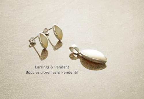 White Oval Shell Earrings Set, Sterling Silver, GENUINE Mother of Pearl Stud Earrings, Modern Minimalist gift for woman, womens jewelry (Make your choice :: SET with Necklace B, Gift Wrapping: Free) von KRAMIKE