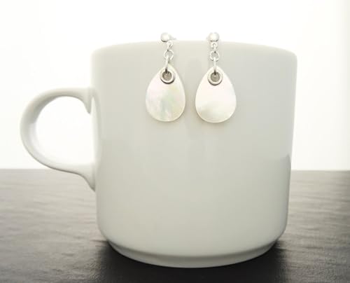 White Oval pendant, sterling silver, genuine mother-of-pearl shell, minimalist teardrop oval shaped earrings, modern woman dangle earrings (Make your choice : Set With Necklace A, Gift Wrapping: Free) von KRAMIKE