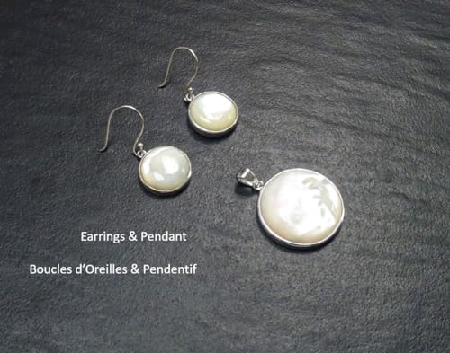 White Round Earrings set, Sterling silver, Natural White Mother of Pearl Shell, Geometric Minimalist Design Stone Jewelry, Woman Gift (Make your choice :: SET with Necklace B, Gift-Wrapping: Free) von KRAMIKE