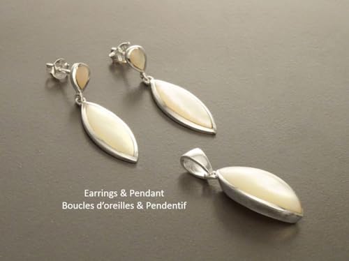 White Shell Dangle Earrings, Sterling Silver, Mother of Pearl, Pending Earrings Pendant Set, Modern Oval Stone Jewelry, (Make your choice :: SET with Necklace C, Gift Wrapping: Free) von KRAMIKE