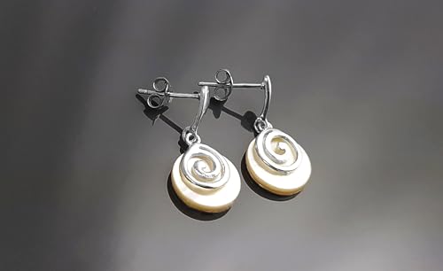 White round earrings, Sterling Silver, Genuine Mother of Pearl Shell Stone, Spiral Design Dangle Earrings, Modern Swirl Design Jewelry (Make your choice :: SET + Chain 55cm, Gift Wrapping: Free) von KRAMIKE