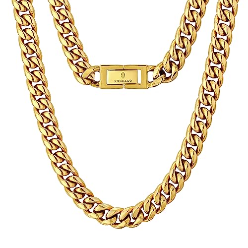 KRKC&CO 10mm Panzerkette 18K Gold plattiert Cuban Link Chains Edelstahl Panzerkette Halskette Miami kubanische Gliederkette für Herren Goldene Halskette Hip Hop Halskette für Männer Jungen Größe 51cm von KRKC & CO keep real keep champion