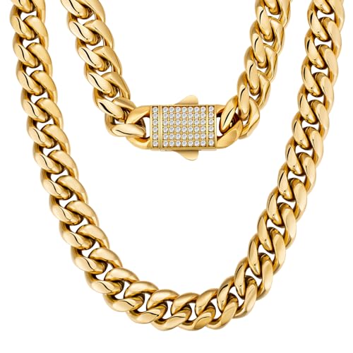 KRKC&CO 12mm Herren Panzerkette mit Iced Out Verschluss, 18K Gold plattiert Cuban Link Chain, Edelstahl Miami Kubanische Gliederkette Goldkette, Hip Hop Halskette für Männer Jungen [Größe 61cm] von KRKC & CO keep real keep champion