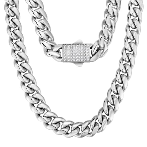 KRKC&CO 12mm Herren Panzerkette mit Iced Out Verschluss, Weißgold plattiert Cuban Link Chain, Edelstahl Miami Kubanische Gliederkette Silberkette, Hip Hop Halskette für Männer Jungen [Größe 50,8cm] von KRKC & CO keep real keep champion