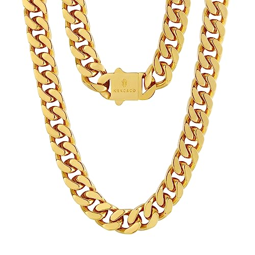 KRKC&CO 12mm Panzerkette, 18K Gold plattiert Cuban Link Chain, Edelstahl Panzerkette Herren Gold Kubanische Gliederkette, Herren Goldketten Hip Hop Kette für Männer Jungen Größe 51cm von KRKC & CO keep real keep champion