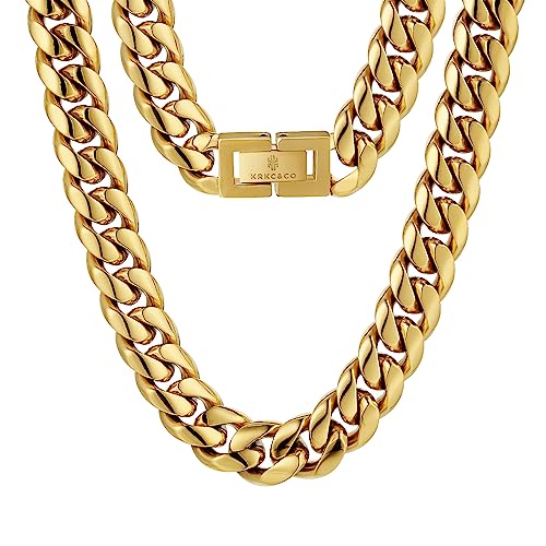 KRKC&CO 12mm Panzerkette 18K Gold plattiert Cuban Link Chain Edelstahl Panzerkette Herren Gold Miami kubanische Gliederkette für Herren Gold Kette Hip Hop Halskette für Männer Jungen Größe 66cm von KRKC & CO keep real keep champion